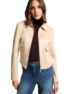 Blouson marron uni avec une coupe droite et un col à revers