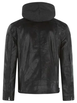 Blouson noir en cuir de mouton avec une coupe droite et un col à capuche