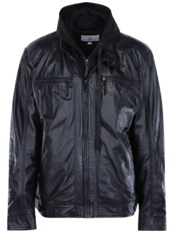 Blouson noir en cuir de mouton coupe droite col mao ERICO HOOD