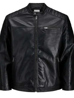Blouson noir pour homme en simili cuir coupe droite