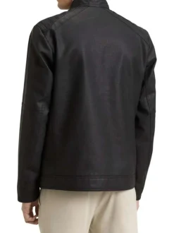 Blouson noir uni avec une coupe ajustée et un col montant avec un bouton