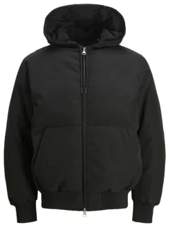 Blouson noir uni à coupe droite avec un col à capuche et fermeture zippée