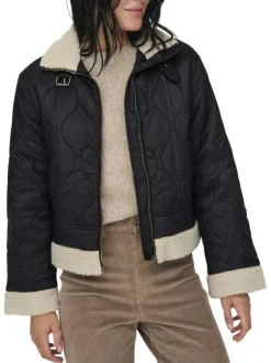 Blouson noir uni à fermeture zippée avec une coupe droite et un col à rabats