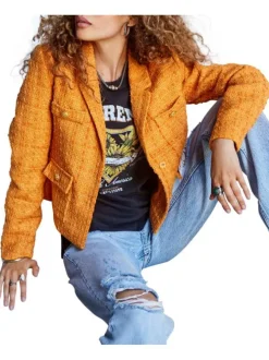Blouson orange en tweed avec un col cranté et 4 poches à l'avant
