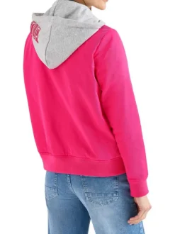 Blouson rose uni pourvu d'une coupe droite et d'une capuche détachable