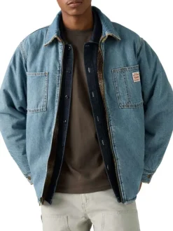 Blouson réversible en coton bleu jean clair uni et moumoute motif écossais