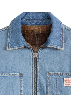 Blouson réversible en coton bleu jean clair uni et moumoute motif écossais