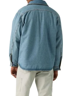 Blouson réversible en coton bleu jean clair uni et moumoute motif écossais