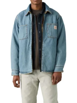 Blouson réversible en coton bleu jean clair uni et moumoute motif écossais