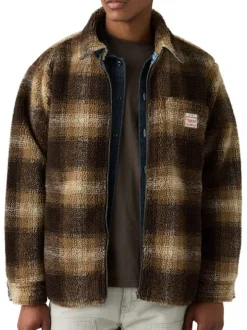 Blouson réversible en coton bleu jean clair uni et moumoute motif écossais