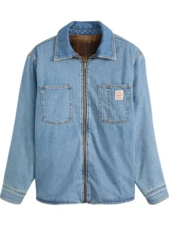 Blouson réversible en coton bleu jean clair uni et moumoute motif écossais