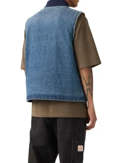 Blouson sans manche en coton bleu à coupe droite pourvu d'un col bomber