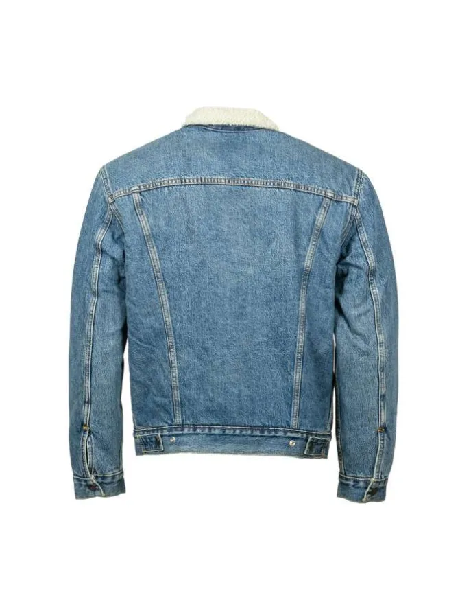 Blouson sherpa fourré en coton bleu jean avec une coupe droite