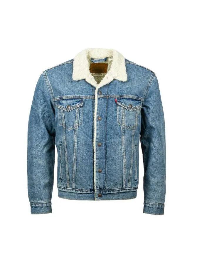 Blouson sherpa fourré en coton bleu jean avec une coupe droite