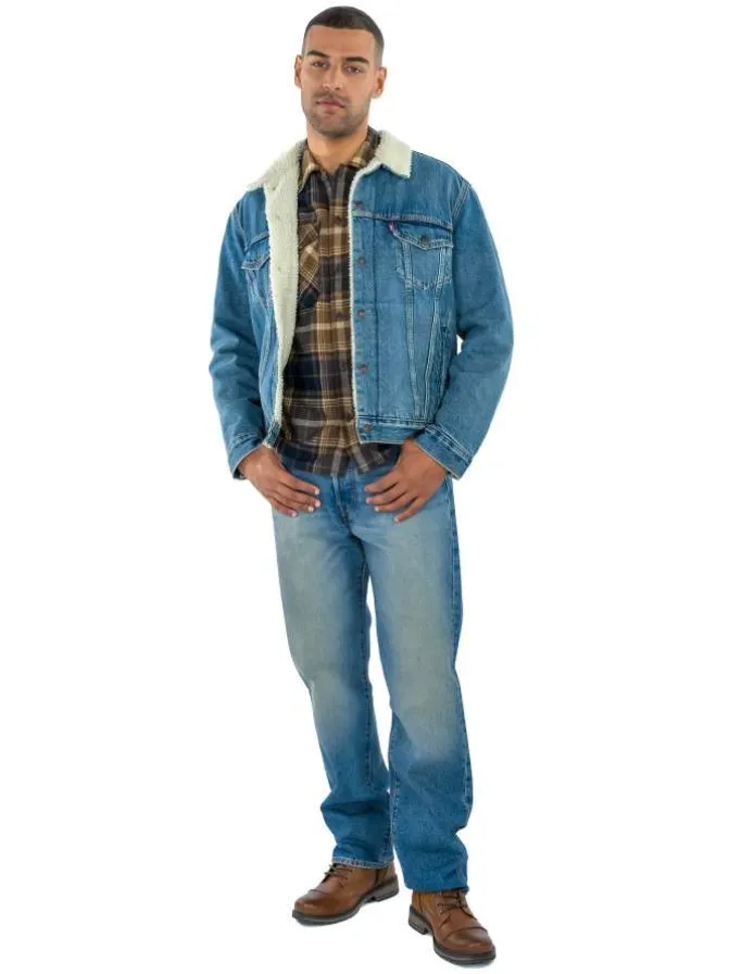 Blouson sherpa fourré en coton bleu jean avec une coupe droite