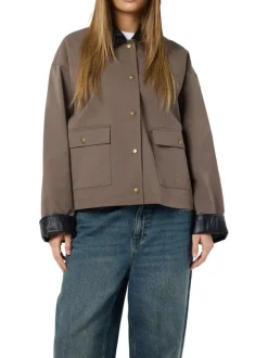 Blouson taupe uni avec un col à revers et l'extrémité des manches en simili cuir