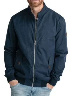 Blouson zippé bleu marine uni, rembourré nylon, à col montant boutonné