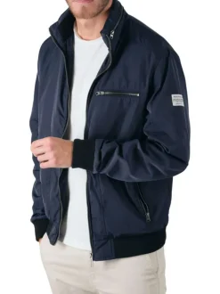 Blouson zippé marine uni avec une coupe droite et un col montant