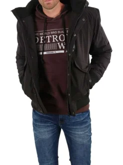 Blouson zippé noir uni avec une coupe droite et un col à capuche