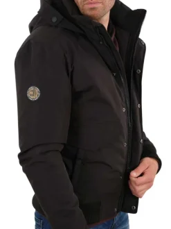 Blouson zippé noir uni avec une coupe droite et un col à capuche