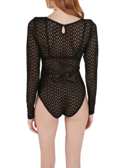 Body noir uni à coupe ajustée avec un col bateau et des manches longues