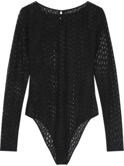 Body noir uni à coupe ajustée avec un col bateau et des manches longues