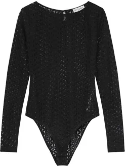 Body noir uni à coupe ajustée avec un col bateau et des manches longues