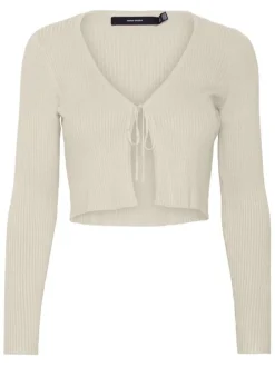 Boléro beige côtelé à coupe cropped col v et à manches longues