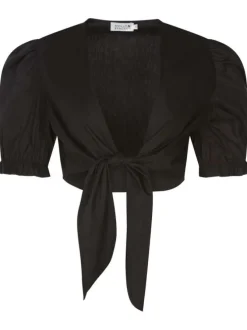 Boléro en coton noir uni à nouer avec une coupe cropped et un col v