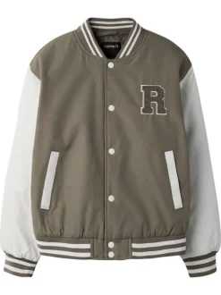 Bomber beige uni pourvu d'une coupe droite et d'un col montant