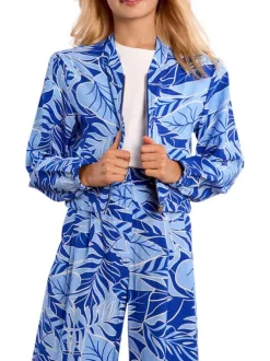 Bomber bleu floral pourvu d'une coupe droite et d'un col mao