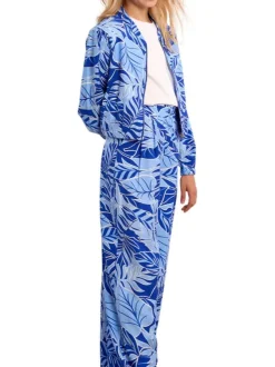 Bomber bleu floral pourvu d'une coupe droite et d'un col mao