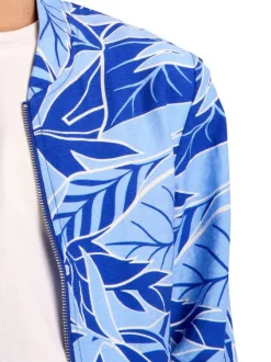 Bomber bleu floral pourvu d'une coupe droite et d'un col mao