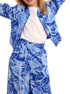 Bomber bleu floral pourvu d'une coupe droite et d'un col mao