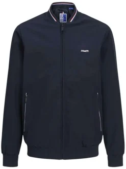 Bomber marine uni à coupe ajustée avec liseré tricolore sur le col