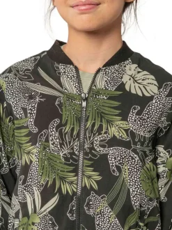 Bomber noir tropical pourvu d'une coupe droite et de motifs imprimés