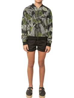 Bomber noir tropical pourvu d'une coupe droite et de motifs imprimés