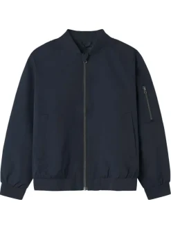 Bomber nylon bleu marine uni à coupe droite avec une poche zippée sur le bras
