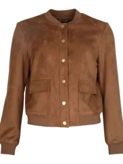 Bomber camel uni en faux daim avec une coupe droite, col bomber et poches