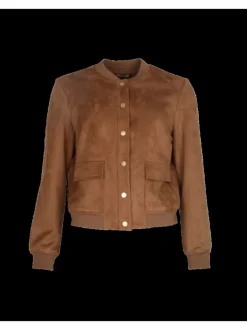 Bomber camel uni en faux daim avec une coupe droite, col bomber et poches