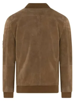 Bomber en cuir de mouton camel uni avec une coupe droite et un col à capuche