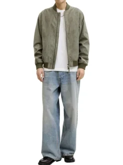Bomber kaki en maille effet daim coupe ajustée pourvu d'un col rond
