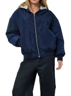 Bomber marine uni à coupe oversize avec col à capuche et 2 poches