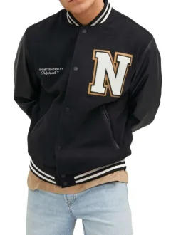 Bomber noir uni avec une coupe droite et un col Teddy en bord côte