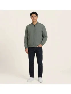 Bomber vert uni à zip avec une coupe droite et un col rond