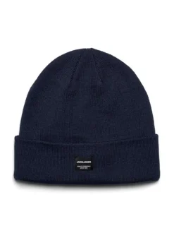 Bonnet bleu uni en maille avec étiquette iconique sur l'ourlet