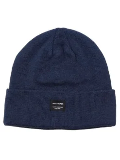 Bonnet bleu uni en maille avec étiquette iconique sur l'ourlet