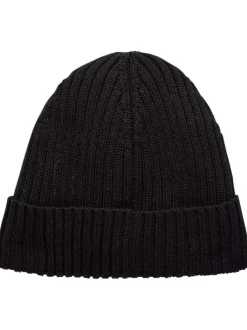 Bonnet noir uni avec un patch logo cousu à l'avant sur le revers