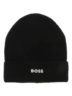 Bonnet noir uni en maille côtelée avec logo brodé sur le revers