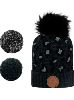 Bonnet anthracite et léopard avec pompons interchangeables avec revers